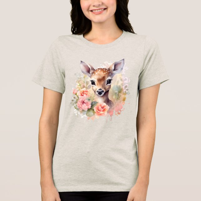 Niedliches Hirsch, umgeben von Rose Tri-Blend Shirt (Vorderseite)