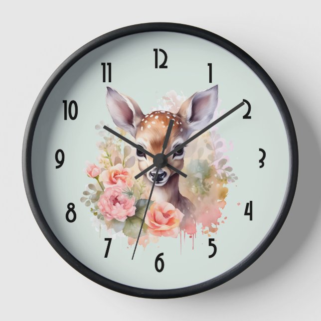 Niedliches Hirsch, umgeben von Rose Uhr (Vorderseite)