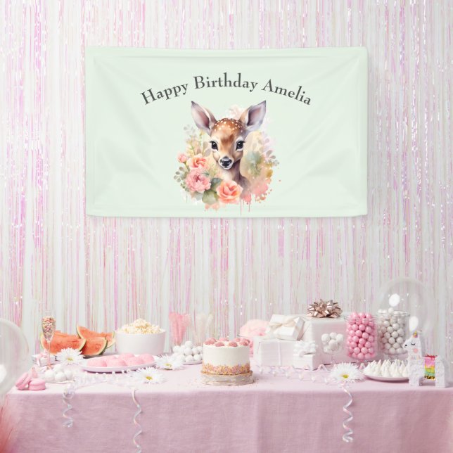 Niedliches Hirsch umgeben von Rose zum Geburtstag Banner (Party)