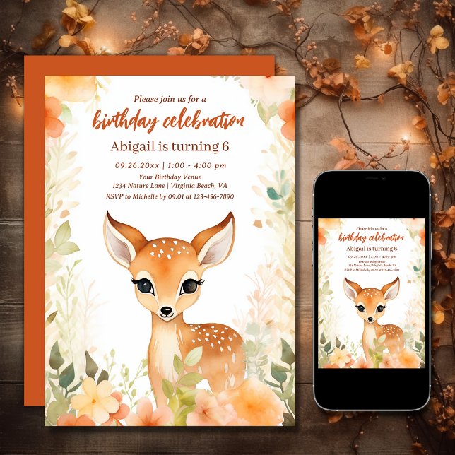 Niedliches Hirsch und Blume | Hübsches Wald Geburt Einladung (Printed and Digital - Cute Deer and Flowers Pretty Woodland Birthday Invitation)
