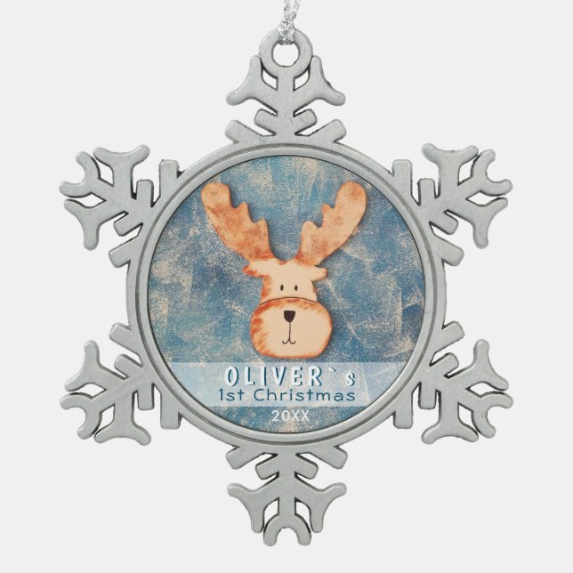 Niedliches Hirschbaby Schneeflocken Zinn-Ornament (Vorderseite)