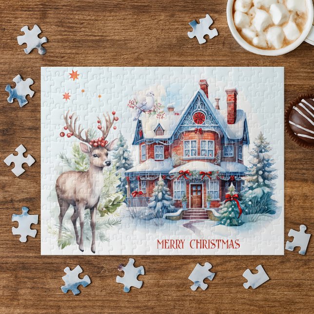 Niedliches Hirschkuchen Zuhause Weihnachtspuzzle (Christmas puzzle showing a cute gingerbread like home with white dove and deer in a watercolor style)
