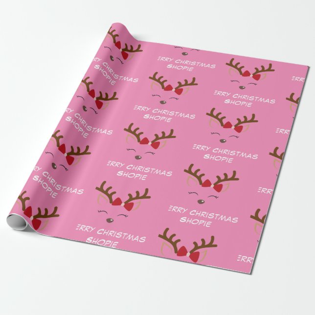 Niedliches Hirschpink Individuelle Name Weihnachts Geschenkpapier (Ungerollt)