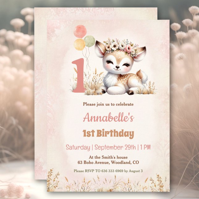 Niedliches Hirschwald Boho Girl 1. Geburtstag Einladung (Cute Deer Woodland Boho Girl 1st Birthday Invitation)