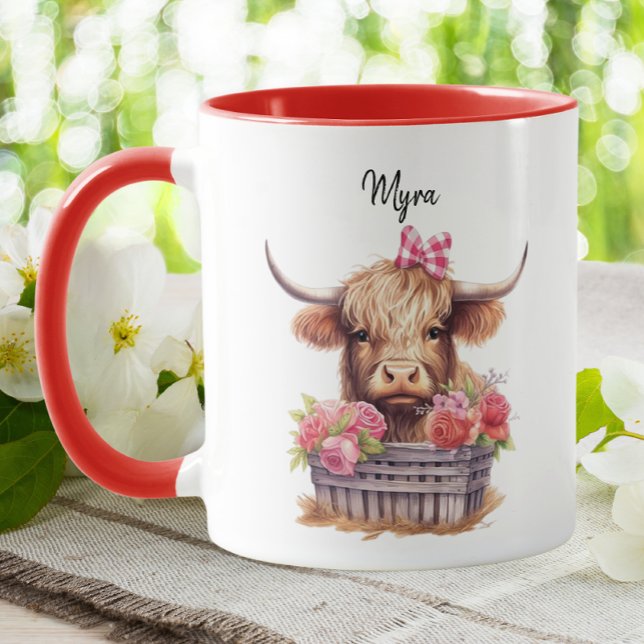 Niedliches Hochland Kuh Rosa Floral Wasserfarbe Va Tasse (Von Creator hochgeladen)