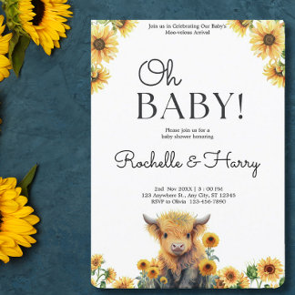 Niedliches Hochlandkuhkalb Sonnenblumen Babydusche Einladung