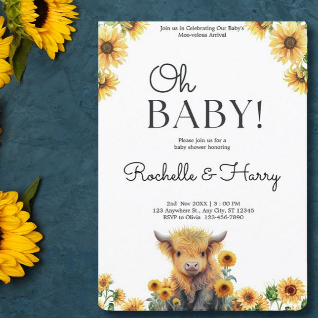 Niedliches Hochlandkuhkalb Sonnenblumen Babydusche Einladung (Von Creator hochgeladen)