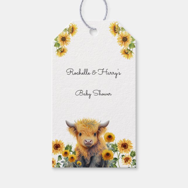 Niedliches Hochlandkuhkalb Sonnenblumen Babydusche Geschenkanhänger (Vorderseite)