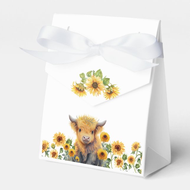 Niedliches Hochlandkuhkalb Sonnenblumen Babydusche Geschenkschachtel (Vorderseite)