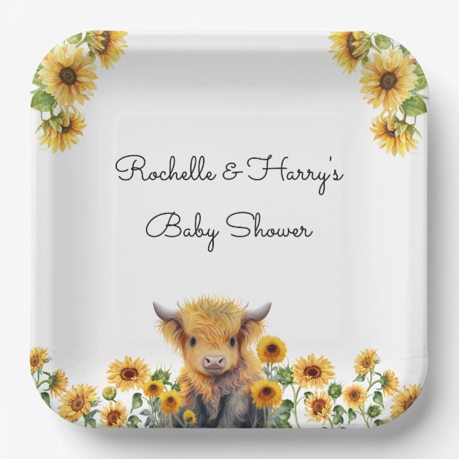 Niedliches Hochlandkuhkalb Sonnenblumen Babydusche Pappteller (Vorderseite)