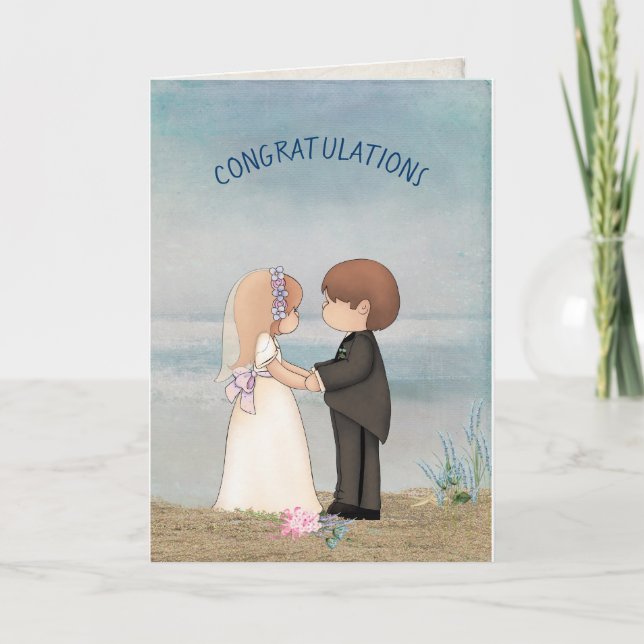 niedliches Hochzeitspaar am Strand Karte (Vorderseite)