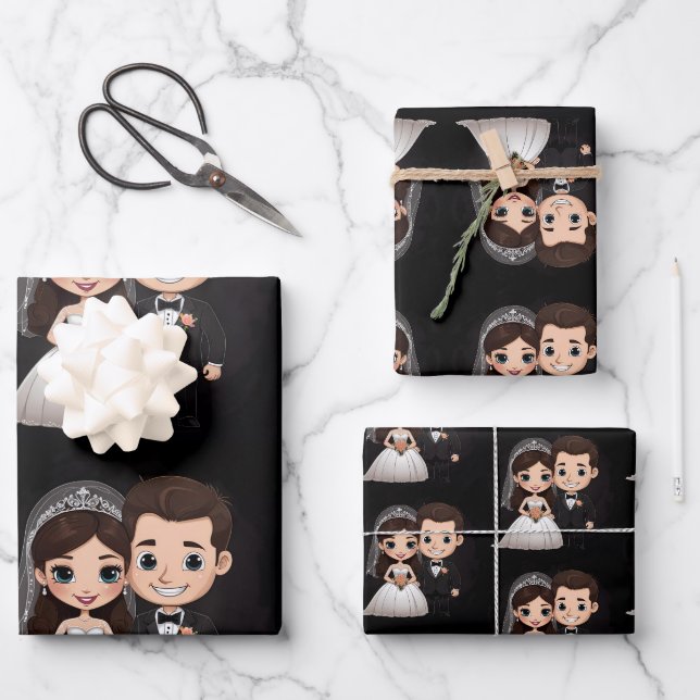 Niedliches Hochzeitspaar mit fröhlichem Lächeln. Geschenkpapier Set (Vorderseite)