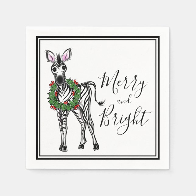 Niedliches Holiday Zebra zeichnend mit Holly Kranz Serviette (Vorderseite)