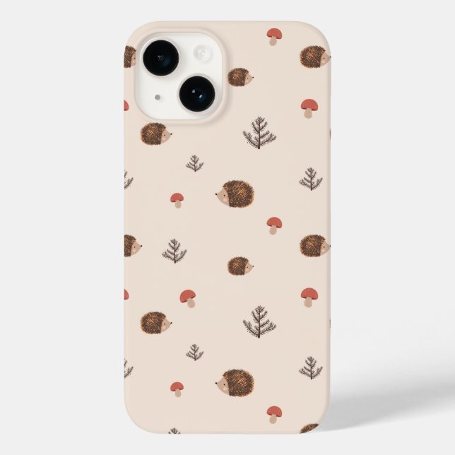 Niedliches Holz Igel- und Pilzmuster Case-Mate iPhone 14 Hülle (Rückseite)