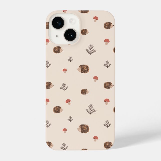 Niedliches Holz Igel- und Pilzmuster iPhone 14 Hülle (Rückseite)