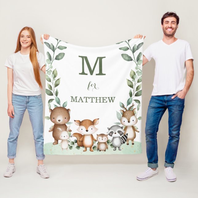 Niedliches Holz Tiere Grünpflanzen Monogram Baby Fleecedecke (Beispiel)