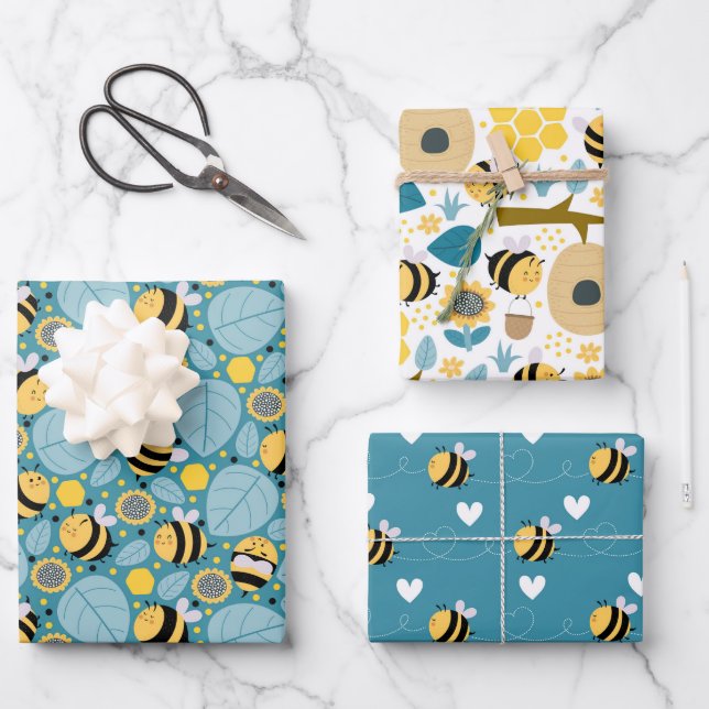 Niedliches Honey Bee Wrapping Paper Set von 3 Geschenkpapier Set (Vorderseite)