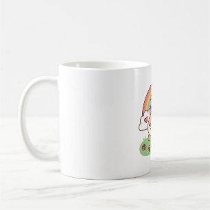 Niedliches Hopping Kaninchen zwischen Regenbogen u Kaffeetasse
