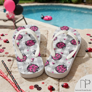 Niedliches Hot Pink Ladybug Gingham Pattern Kinder Kinderbadesandalen