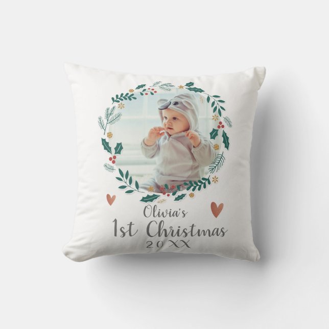 Niedliches Hübsches Wreath Baby First Christmas Fo Kissen (Vorderseite)