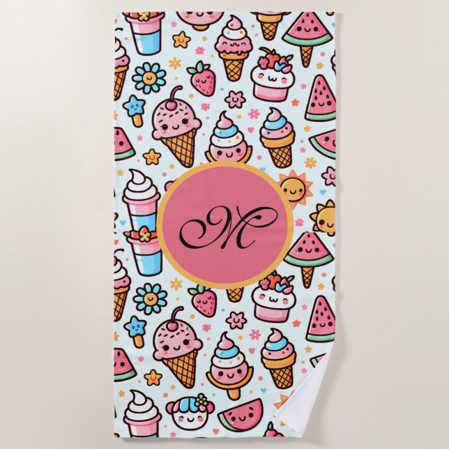 Niedliches IceCream-Muster personalisiert Monogram Strandtuch (Vorderseite)