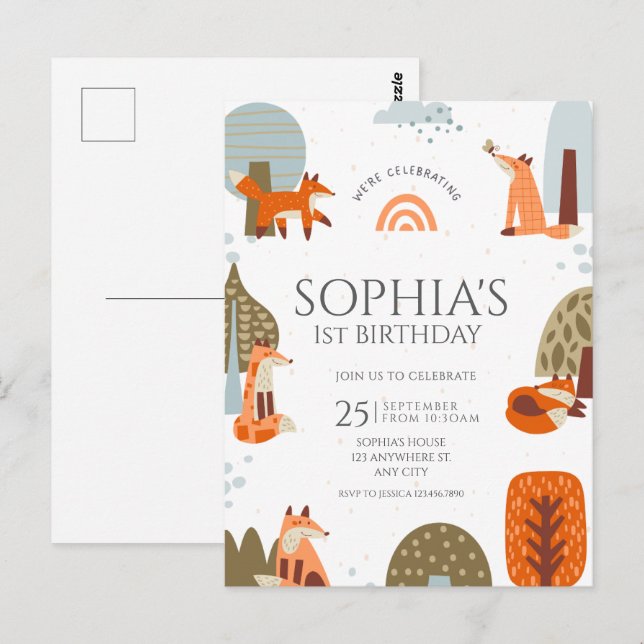 Niedliches illustriertes Foxwäldchen zum ersten Ge Postkarte (Vorne/Hinten)