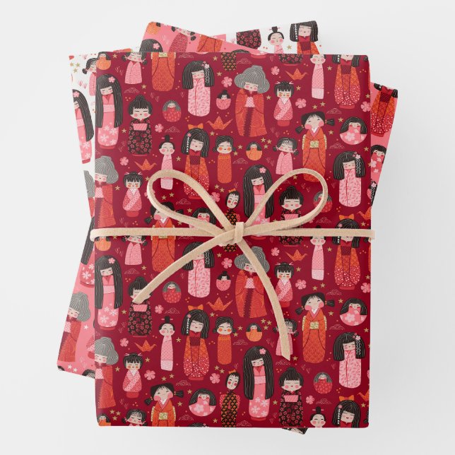 Niedliches Illustriertes japanisches Kokeshi-Set v Geschenkpapier Set (Beispiel)