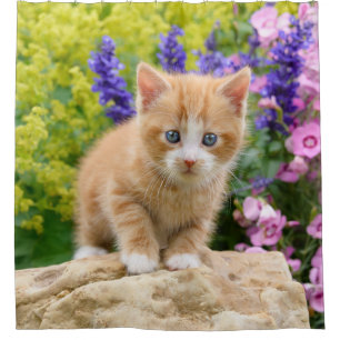 Niedliches Ingwer-Katzen-Kätzchen-blumige Duschvorhang