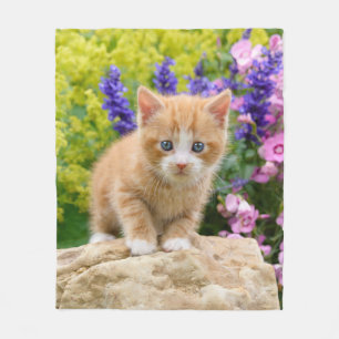 Niedliches Ingwer-Katzen-Kätzchen im blumigen Fleecedecke