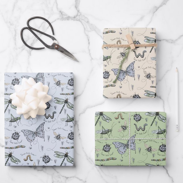 Niedliches Insekt Boho Pastels Blue Green Cream Ba Geschenkpapier Set (Vorderseite)