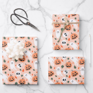 Niedliches Jack-O-Lantern- und Ghost-Muster Geschenkpapier Set