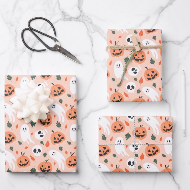Niedliches Jack-O-Lantern- und Ghost-Muster Geschenkpapier Set (Vorderseite)