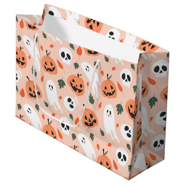 Niedliches Jack-O-Lantern- und Ghost-Muster Große Geschenktüte (Vorderseite Schrägansicht)