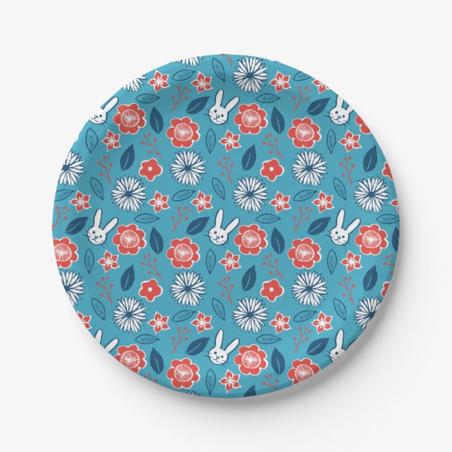 Niedliches japanisches Kaninchen-und Blumen-Muster Pappteller (Vorderseite)