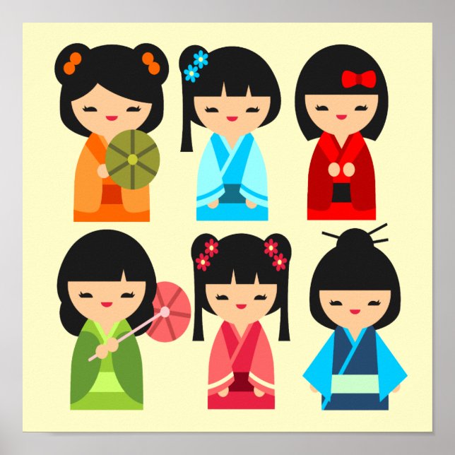 Niedliches japanisches Kokeshi-Puppsmuster Poster (Vorne)