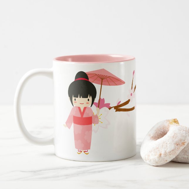 Niedliches japanisches Rosa Kirschblossom Geisha Zweifarbige Tasse (Mit Donut)