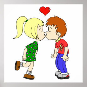 Niedliches Jungenmädchen küsst Cartoon Poster