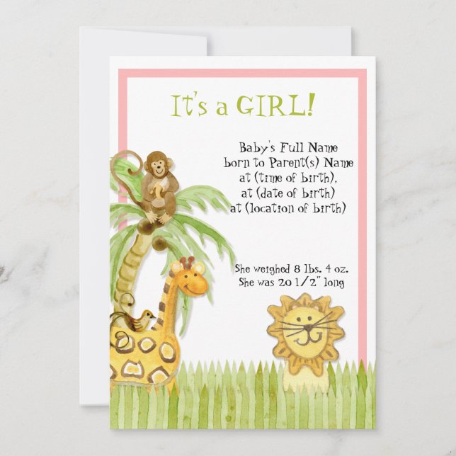 Niedliches Jungle Monkey Giraffe Lion Newborn Baby Einladung (Vorderseite)