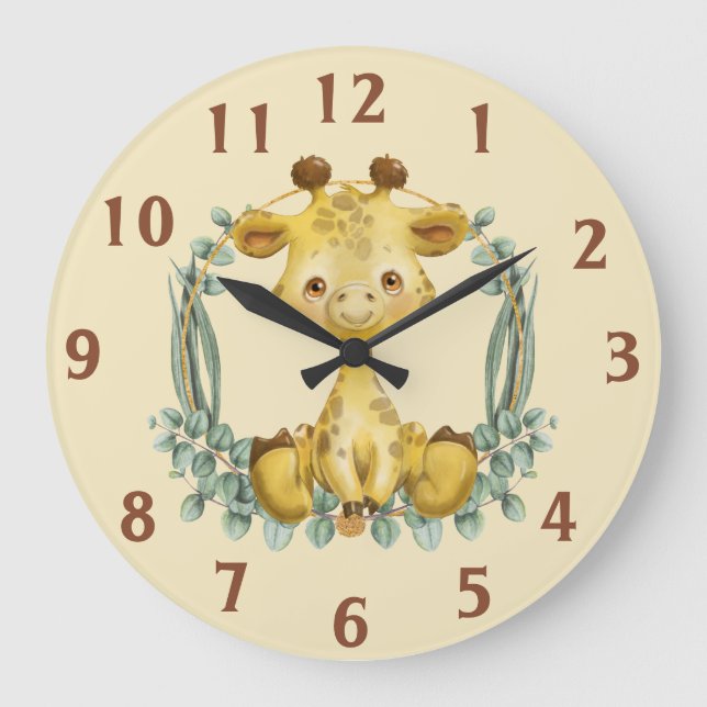 Niedliches Jungle Safari Giraffe Baby Kinderzimmer Große Wanduhr (Vorderseite)
