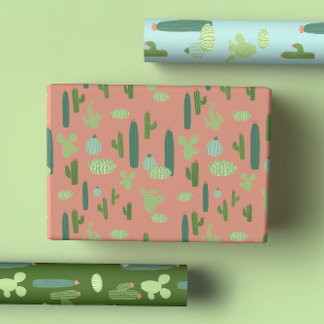 Niedliches Kakteen Peach, Green, Blue Geschenkpapier Set