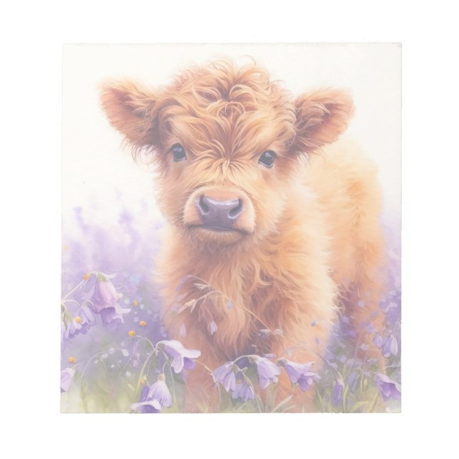Niedliches Kalb Hochland Kuh Purple Flowers Notizblock (Vorderseite)
