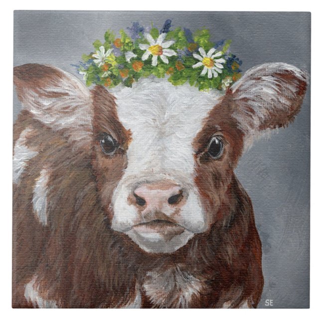 Niedliches Kalb mit Blumenkrone Fliese (Vorderseite)