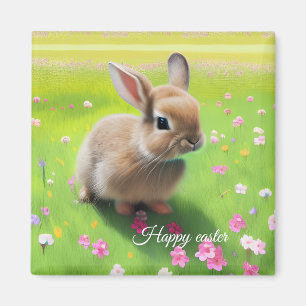 Niedliches Kaninchen auf einer Blume-Wiese Magnet