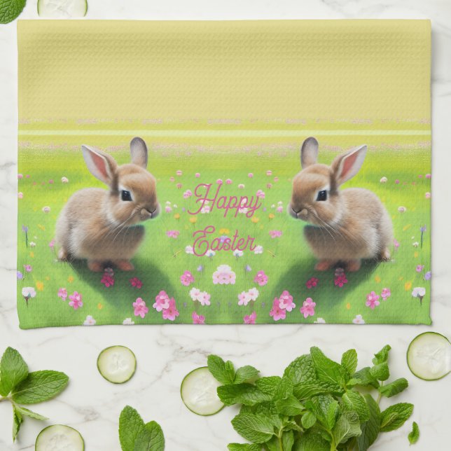 Niedliches Kaninchen auf einer Blume-Wiese, Ostern Geschirrtuch (Gefaltet)