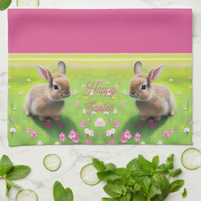 Niedliches Kaninchen auf einer Blume-Wiese, Ostern Geschirrtuch (Gefaltet)