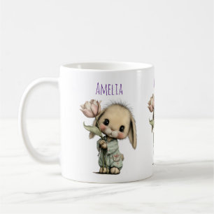 Niedliches Kaninchen hält eine Tulpe Kaffeetasse