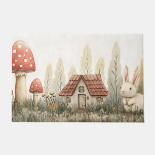 Niedliches Kaninchen, Hütte, Pilze Märchen Kunst Fußmatte