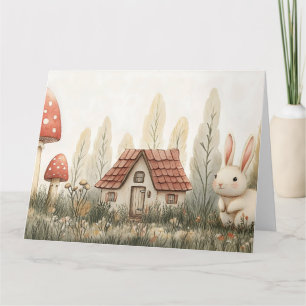 Niedliches Kaninchen, Hütte, Pilze Märchen Kunst Karte