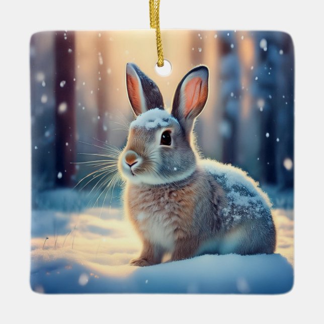 Niedliches Kaninchen in schneebedeckter Keramik Or Keramikornament (Vorderseite)