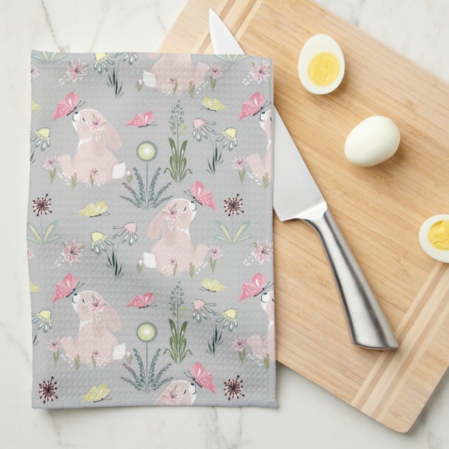 niedliches Kaninchen mit Blume und Schmetterlingen Geschirrtuch (Viertel Falte)